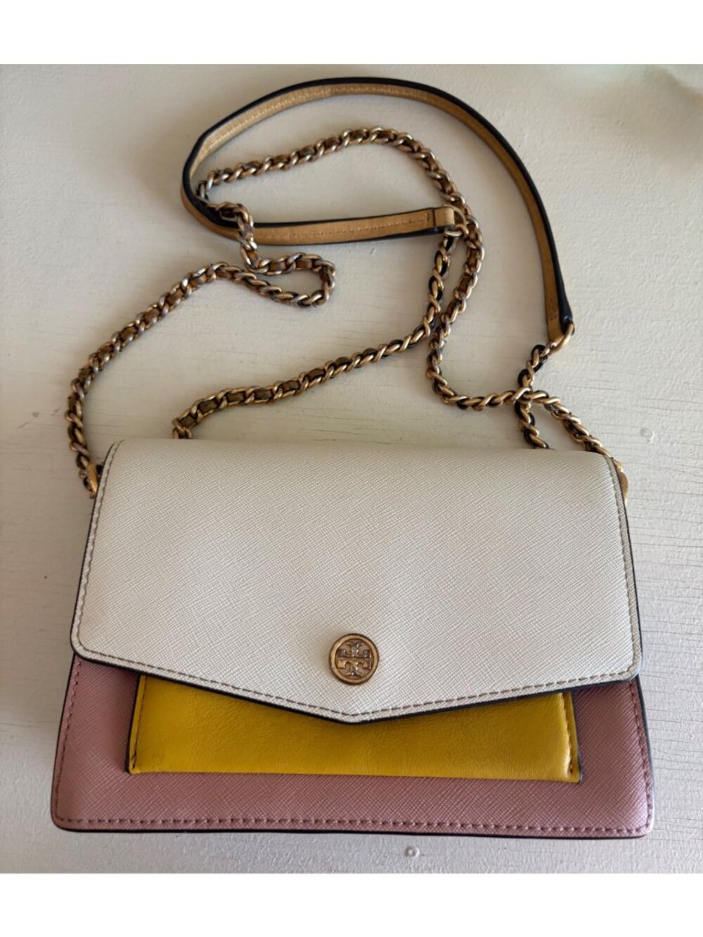 Tory Burch Robinson Color Block Mini Shoulder Handbag Ivory Pink